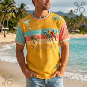 Margaritaville Changes In Latitudes Waffle Knit T-Shirt in yellow with tropical parrot, palm tree, and margarita graphics.