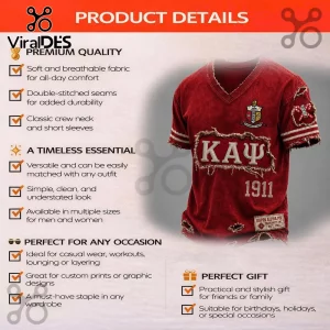 Kappa Alpha Psi crimson distressed V-neck t-shirt featuring cream Greek letters, 1911 text, and embroidered fraternity crest.!