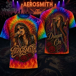 Aerosmith tie-dye t-shirt featuring Steven Tyler singing, flaming background, roses, and Dream On text.!
