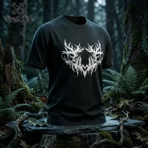 Black cotton t-shirt featuring a metallic silver symmetrical thorny forest antler graphic on a tree stump background.!