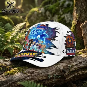 Sonic the Hedgehog 35th anniversary white baseball cap featuring a character graphic print and Eggman Inc. side logo.!