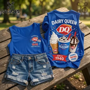 Dairy Queen Retro Since 1940 V-Neck Tank Top featuring blue fabric with printed DQ logo, ice cream cones, and text graphics.