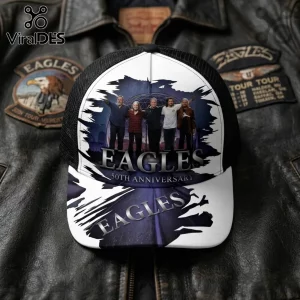 Eagles Band 50th Anniversary Greatest Hits baseball cap with a band member graphic print and black mesh back panel.