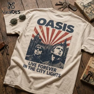 Oasis band graphic t-shirt in beige featuring Liam and Noel Gallagher with city background and text Live Forever.!