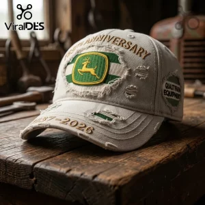 Distressed tan baseball cap with 190th Anniversary John Deere patch, green deer logo, and 1837-2026 embroidery on brim.!