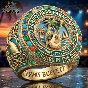 Jimmy Buffett Margaritaville Commemorative Engraved Ring featuring gold, turquoise accents, parrot, guitar, and sail boat.