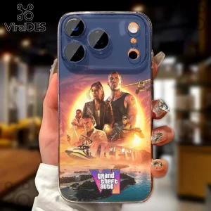 Grand Theft Auto VI Vice City Clear Phone Case 2026 featuring game characters and sunset beach graphics on clear plastic.
