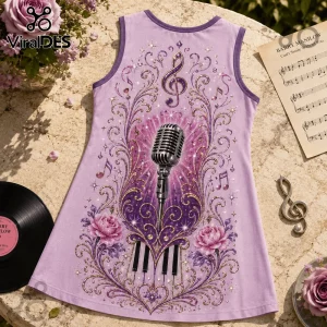 Lavender tank top featuring a silver vintage microphone, piano keys, musical notes, and ornate floral swirl graphics.!