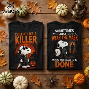 Snoopy Halloween Michael Myers Chillin Killer T-Shirt with black fabric featuring Snoopy in a slasher movie design.