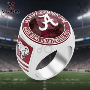 Alabama Crimson Tide Rose Bowl 2025 Commemorative Ring featuring a white A logo, crimson gemstone, and elephant side emblem.