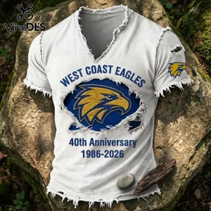 West Coast Eagles 40th anniversary white distressed v-neck t-shirt with blue eagle logo on chest and sleeve.!