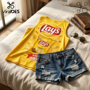 Lays Classic Potato Chips V-Neck Tank Top in bright yellow featuring a potato chip bag graphic on a beige bedspread.