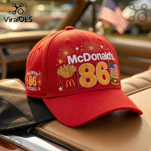 McDonalds 86 Years Celebration Red Baseball Cap featuring fry box, burger, fireworks graphics, and embroidered logo text.