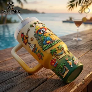 Margaritaville 5 O'Clock Somewhere 40oz Handle Tumbler featuring colorful tropical parrot, sailboat, and island icons.