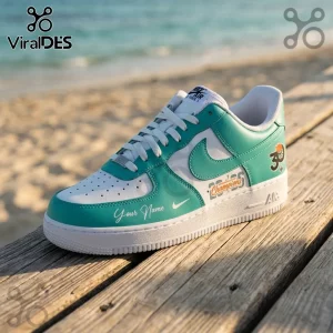 Custom Nike Air Force 1 sneaker in white and teal with Champions 2025 branding and personalized Your Name text.!