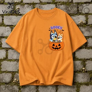 Bluey Heelerween Pumpkin Trick or Treat orange t-shirt featuring Bluey and Bingo characters inside a jack-o-lantern.