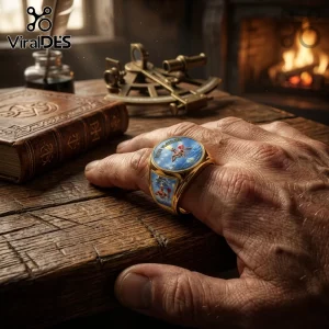 Iron Maiden Seventh Son of a Seventh Son gold engraved ring worn on a hand, featuring blue enamel and band artwork.