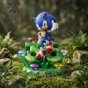 Sonic the Hedgehog vinyl figure standing on a green geometric 35th-anniversary base with multi-colored Chaos Emeralds.!