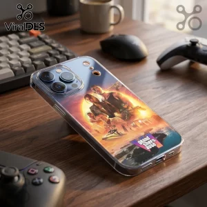 Grand Theft Auto VI Vice City Clear Phone Case 2026 showing character art on a translucent shell on a wooden desk.
