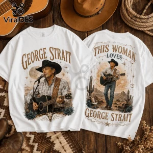 White graphic t-shirt featuring vintage-style George Strait portraits with acoustic guitar, desert cacti, and brown text.!
