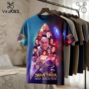 Star Trek Deep Space Nine sublimation print t-shirt featuring ensemble cast portrait and space background on a hanger.!