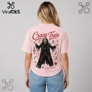 Ozzy Osbourne Crazy Train Pink Lace-Up Jersey worn by a woman, featuring a back print of Ozzy and musical notations.
