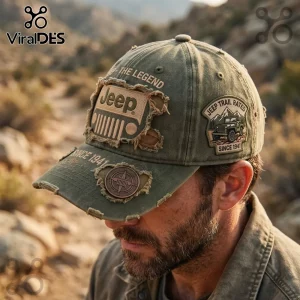 Olive green distressed cotton baseball cap with Jeep text, grille embroidery, and a Jeep Trail Rated mountain patch.!