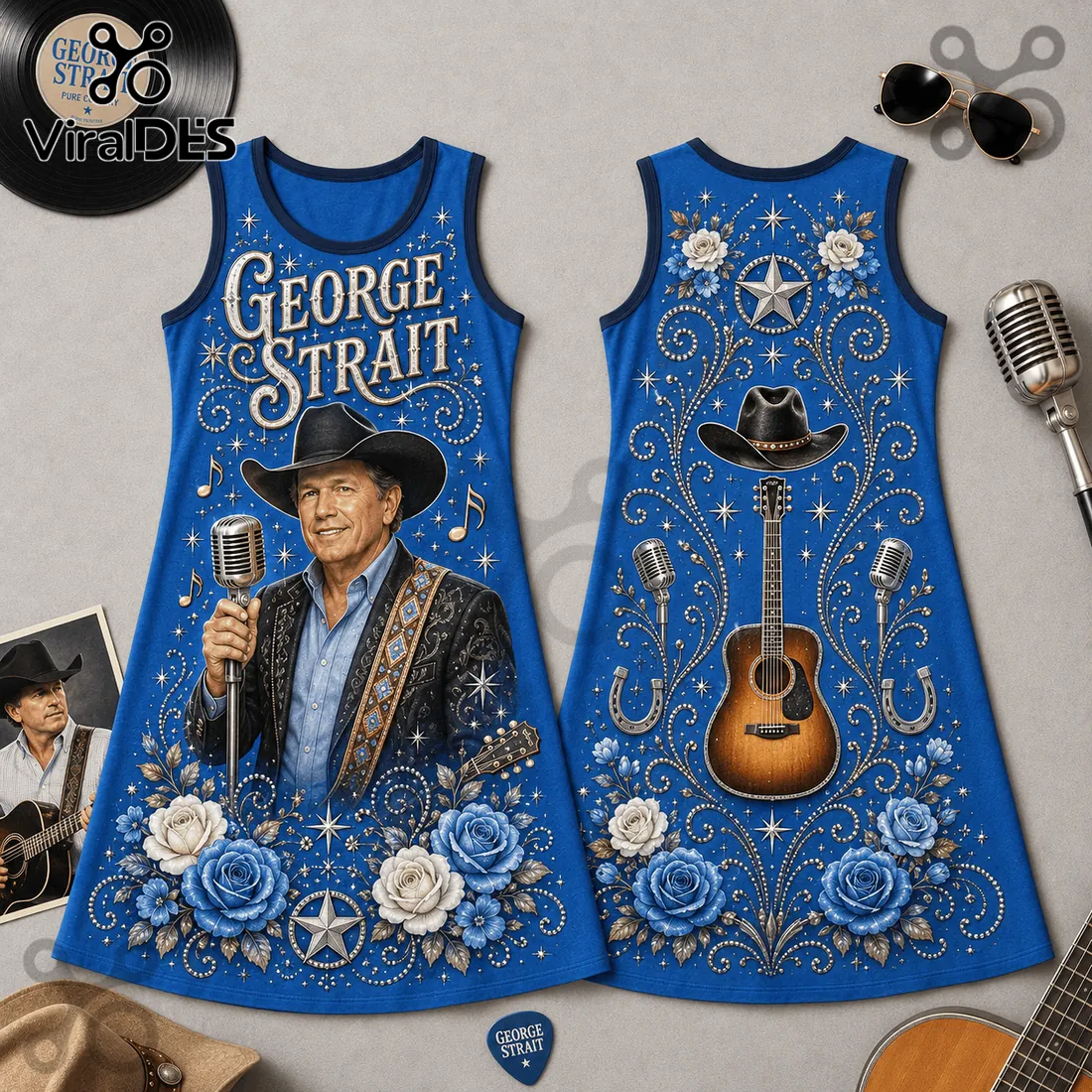 George Strait Blue Floral Country Music Sleeveless Dress George Strait Blue Floral Country Music Sleeveless Dress