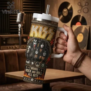 KISS band stainless steel tumbler with white handle, metal straw, and graphic print of members, logo, and flame accents.!
