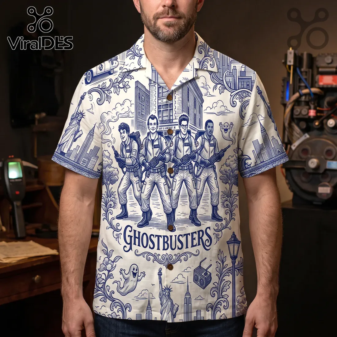 Ghostbusters Toile De Jouy Blue Button Down Shirt Ghostbusters Toile De Jouy Blue Button Down Shirt