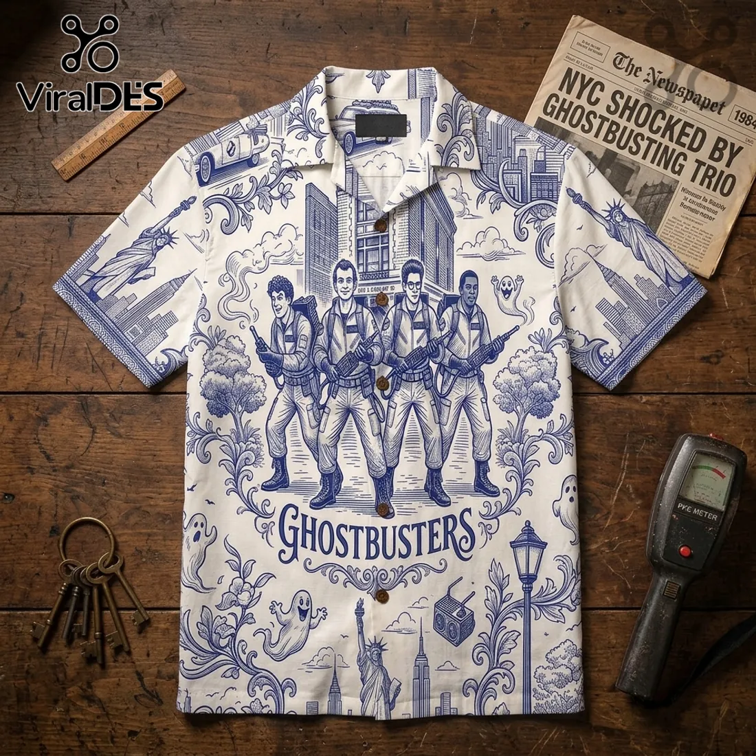 Ghostbusters Toile De Jouy Blue Button Down Shirt Ghostbusters Toile De Jouy Blue Button Down Shirt