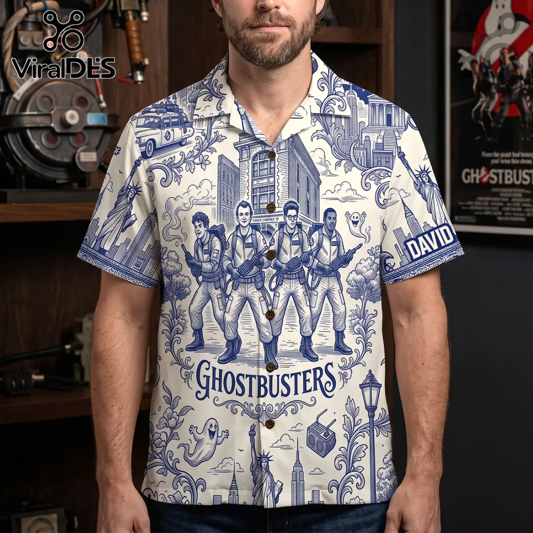 Ghostbusters Toile De Jouy Blue Button Down Shirt Ghostbusters Toile De Jouy Blue Button Down Shirt