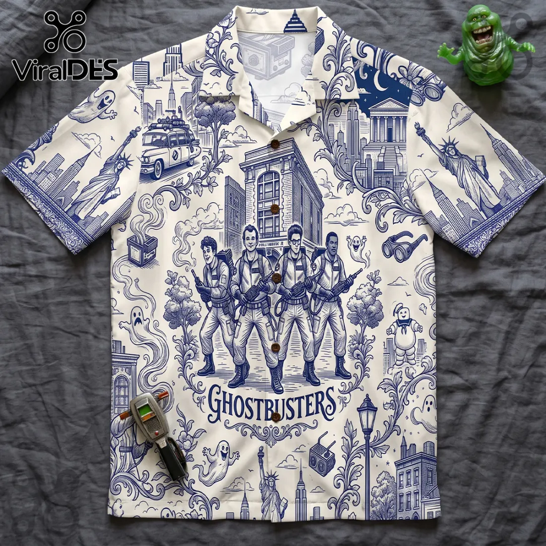 Ghostbusters Toile De Jouy Blue Button Down Shirt Ghostbusters Toile De Jouy Blue Button Down Shirt