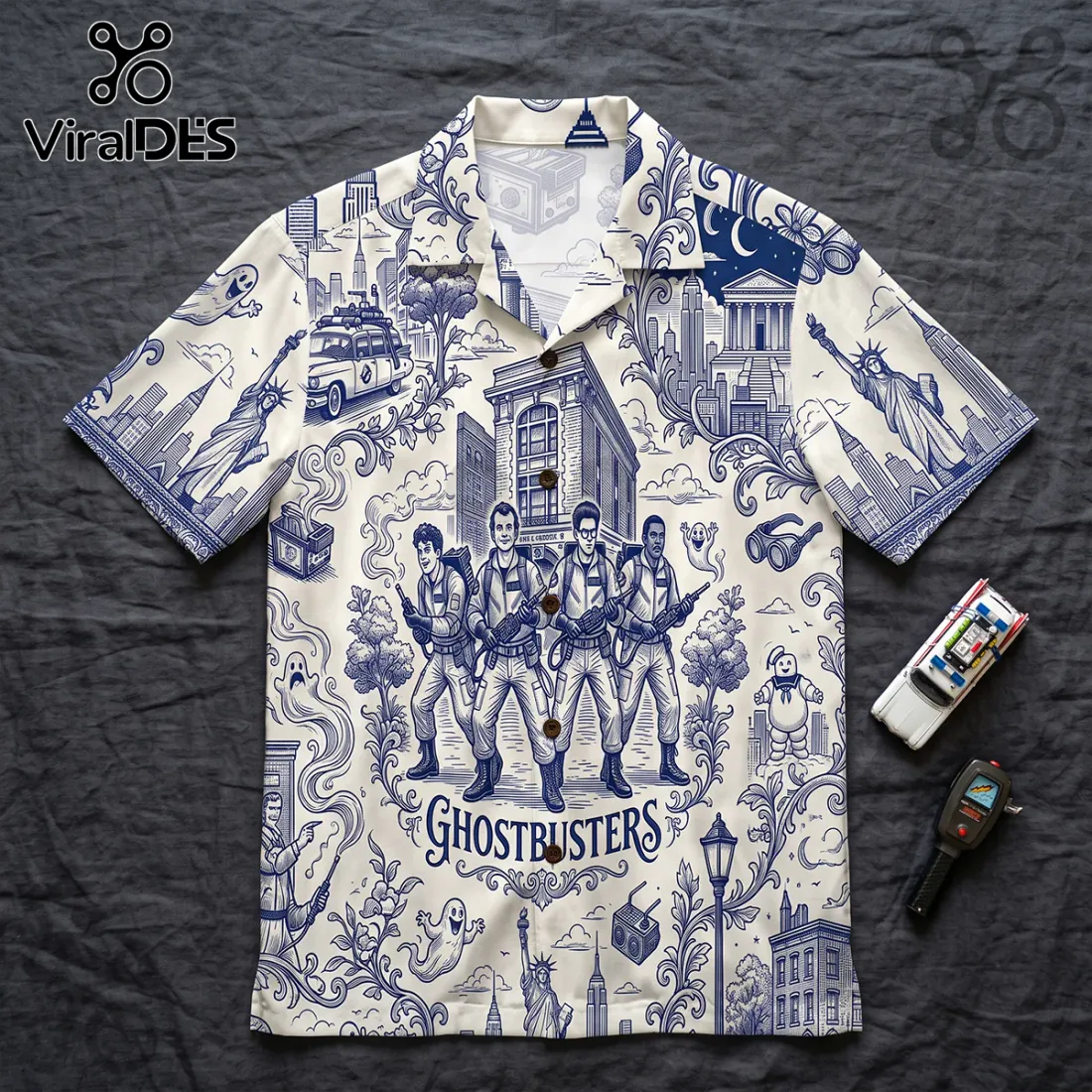 Ghostbusters Toile De Jouy Blue Button Down Shirt Ghostbusters Toile De Jouy Blue Button Down Shirt