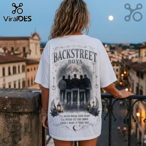 White t-shirt featuring Backstreet Boys graphic, moonlit scene, five figures, and song lyrics printed on the back.!