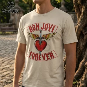 Beige crew neck t-shirt featuring a Bon Jovi Forever graphic with a winged sword piercing a red heart.!
