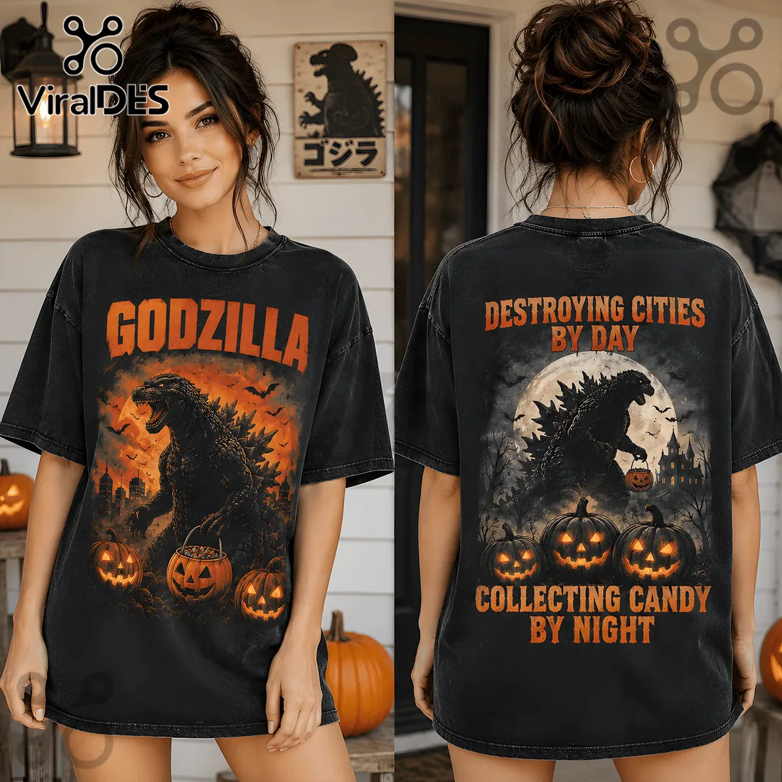 Godzilla Destroying Cities Halloween T-Shirt Godzilla Destroying Cities Halloween T-Shirt