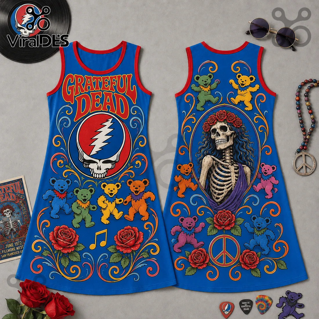 Grateful Dead Dancing Bears Blue Sleeveless Dress Grateful Dead Dancing Bears Blue Sleeveless Dress