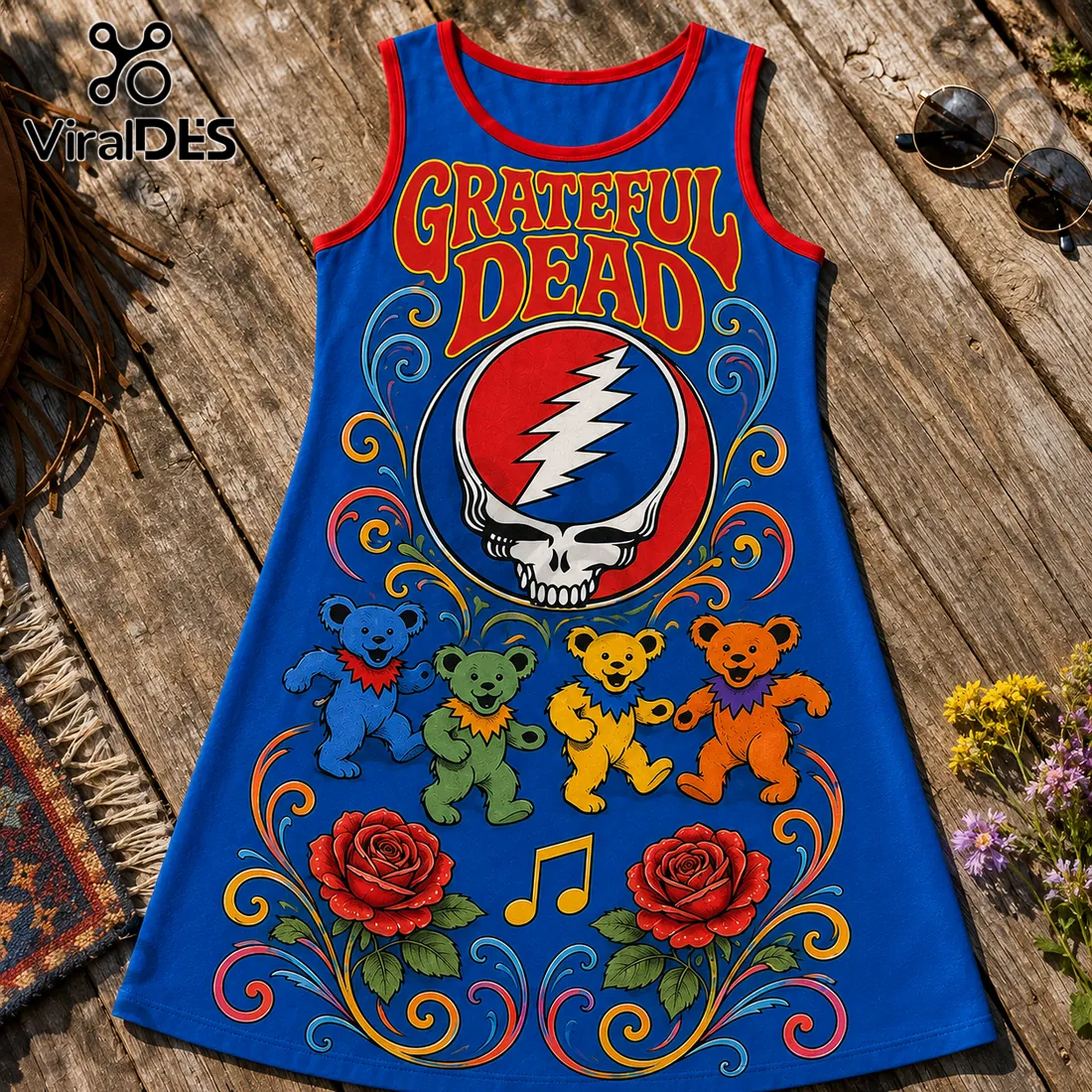 Grateful Dead Dancing Bears Blue Sleeveless Dress Grateful Dead Dancing Bears Blue Sleeveless Dress