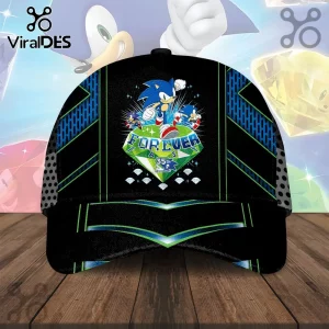 Black Sonic the Hedgehog 35th anniversary baseball cap with blue diamond graphic, green trim, and metallic text.!