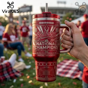 Red stainless steel insulated tumbler with Indiana National Champions 2025 graphic, stadium illustration, and metal straw.!