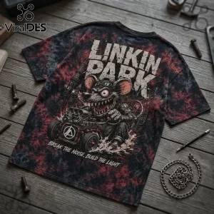 Linkin Park graphic t-shirt featuring a cartoon rat driving a hot rod on a black and red tie-dye fabric background.!