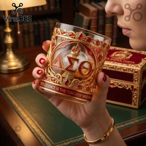 Delta Sigma Theta glass featuring red and gold ornate filigree, ruby accents, and the text Intelligence Is The Torch Of Wisdom.!