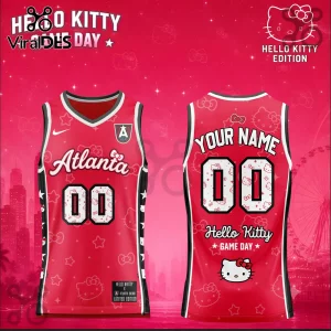 Hello Kitty x Atlanta Dream red basketball jersey featuring custom number 00, white trim, and character print patterns.
