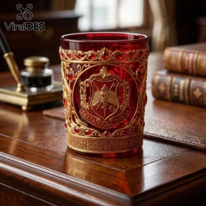 Deep red crystal glass with gold filigree, embedded red gemstones, and Delta Sigma Theta sorority crest emblem.!