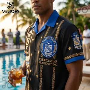 Phi Beta Sigma short-sleeve button-up shirt in black with blue collar, gold Greek letters, and fraternity crest emblem.!