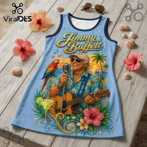 Blue Jimmy Buffett graphic tank dress featuring a parrot, acoustic guitar, margarita, and tropical sunset illustration.!
