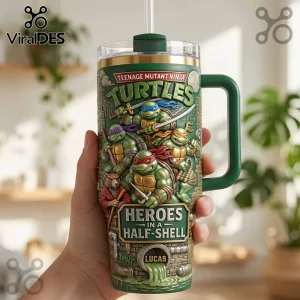 Teenage Mutant Ninja Turtles green stainless steel tumbler with handle, straw, and embossed character graphics by Lucas.!