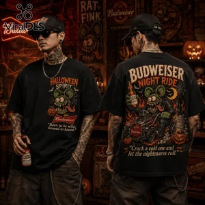 Budweiser Born To Be Wild Halloween Rat Fink T-Shirt in black featuring a cartoon rat character riding a hot rod bike.