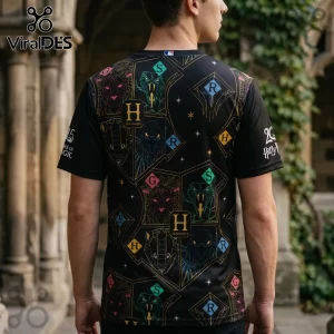 Las Vegas Aviators x Harry Potter 2026 black t-shirt featuring a repeating Hogwarts house crest pattern and colorful icons.